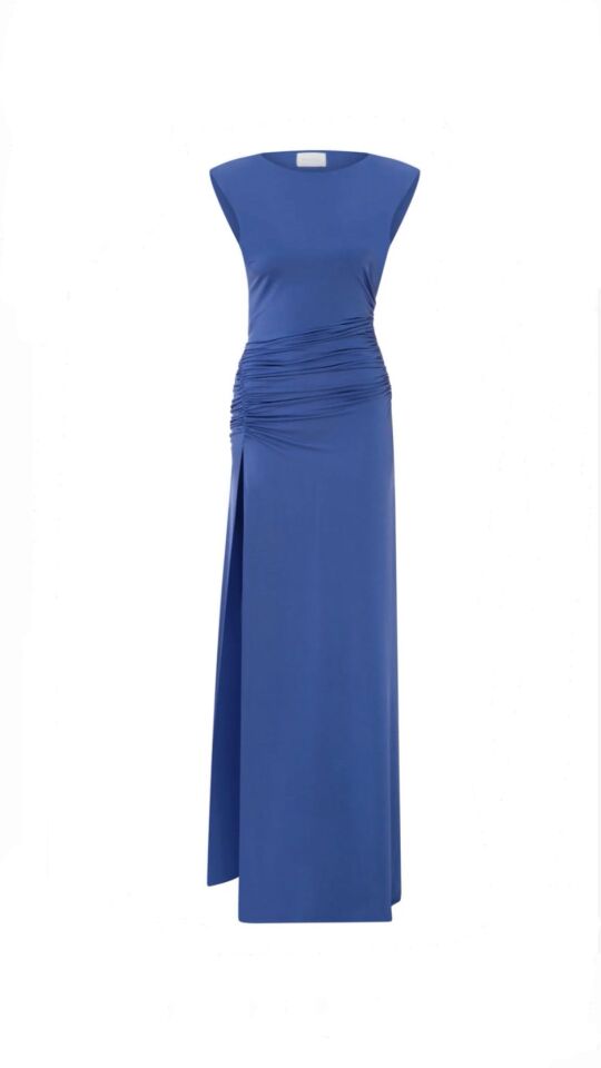 Lana Open Back Jersey Dress With Shoulder Pads In Lilac