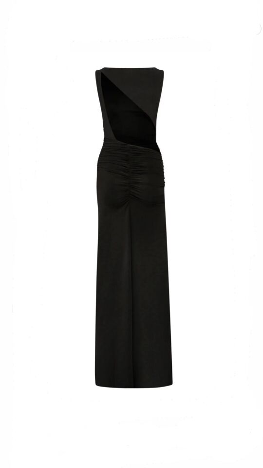 Lana Open Back Jersey Dress With Shoulder Pads In Black