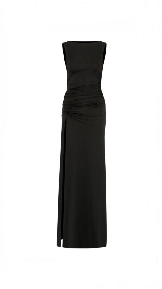 Lana Open Back Jersey Dress With Shoulder Pads In Black