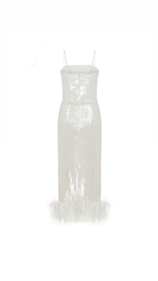Sia Gown In White Sequin With Feather Trim