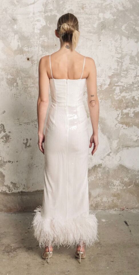 Sia Gown In White Sequin With Feather Trim