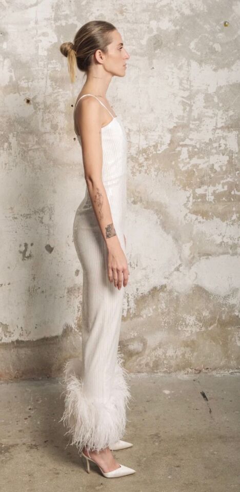 Sia Gown In White Sequin With Feather Trim