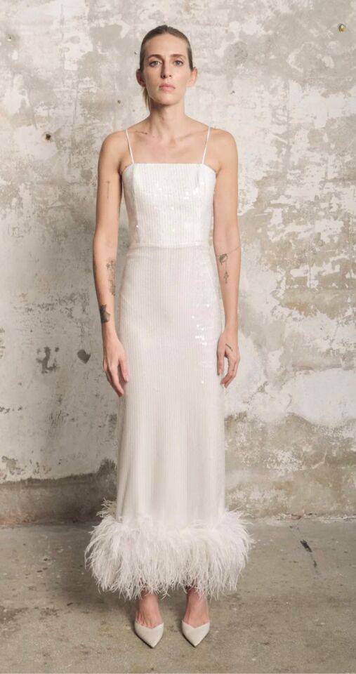 Sia Gown In White Sequin With Feather Trim