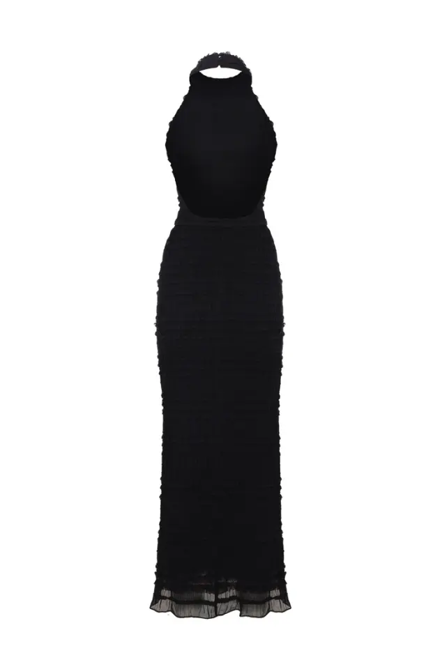 Altheia - Halter Yaka Siyah Midi Elbise
