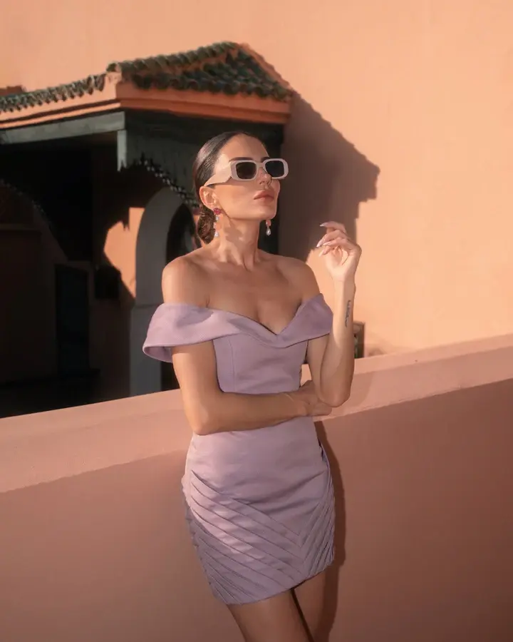 Elisa - Omuz Dekolteli Pembe Mini Elbise